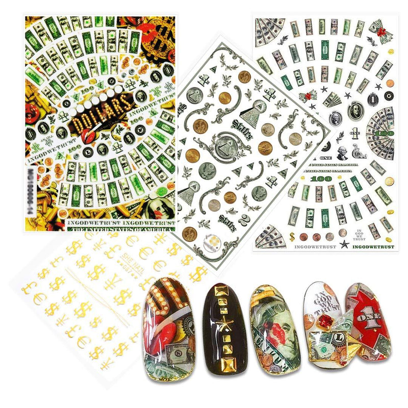 4 Sheets Nail Art Decals of 100 Dollar Sign Bill Nail Accessories Paper Money Design Treasure Currency Nail Stickers Tip Dollar Designs - BeesActive Australia