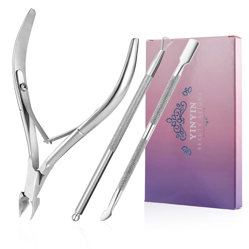 Cuticle Trimmer with Cuticle Pusher -YINYIN Cuticle Remover Cuticle Nippers Professional Stainless Steel Cuticle Pusher and Cutter Clippers Durable Pedicure Manicure Tools for Fingernails and Toenails Silver - BeesActive Australia