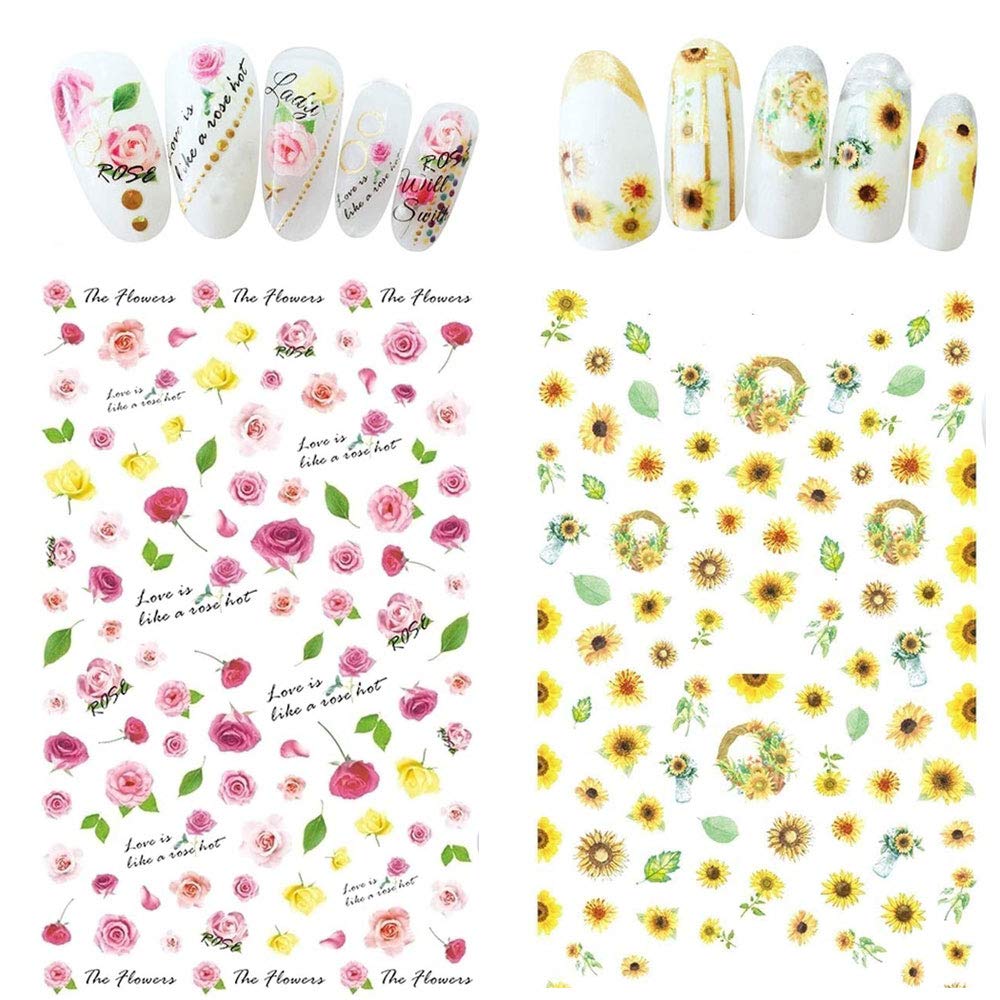 Bonnie-Sam 8 Sheets Spring Flower Nail Art Sticker Colorful Rose Sunflower Pattern Decal for Season Fingernails Manicure (Flower Pattern) Flower Pattern - BeesActive Australia