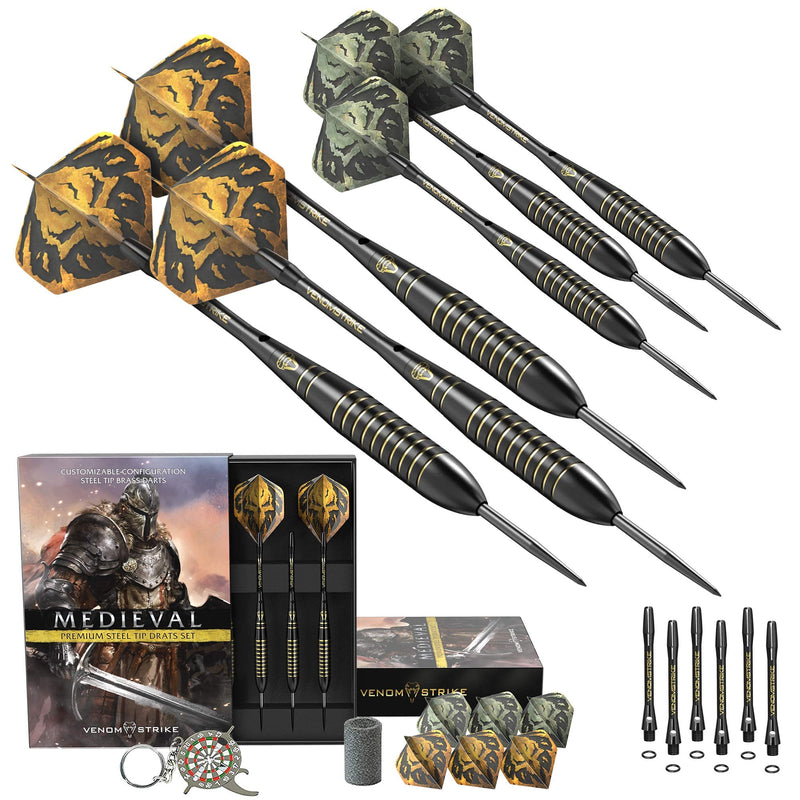 CC-Exquisite Professional Steel Tip Darts Set - 6 x 22g Brass Barrels with 12 Flights Standard/Slim, 12 Aluminum Shafts 35/48mm, 12 O-Rings, Dart Tool, Dart Sharpener and Case (Black & Gold) Black - BeesActive Australia