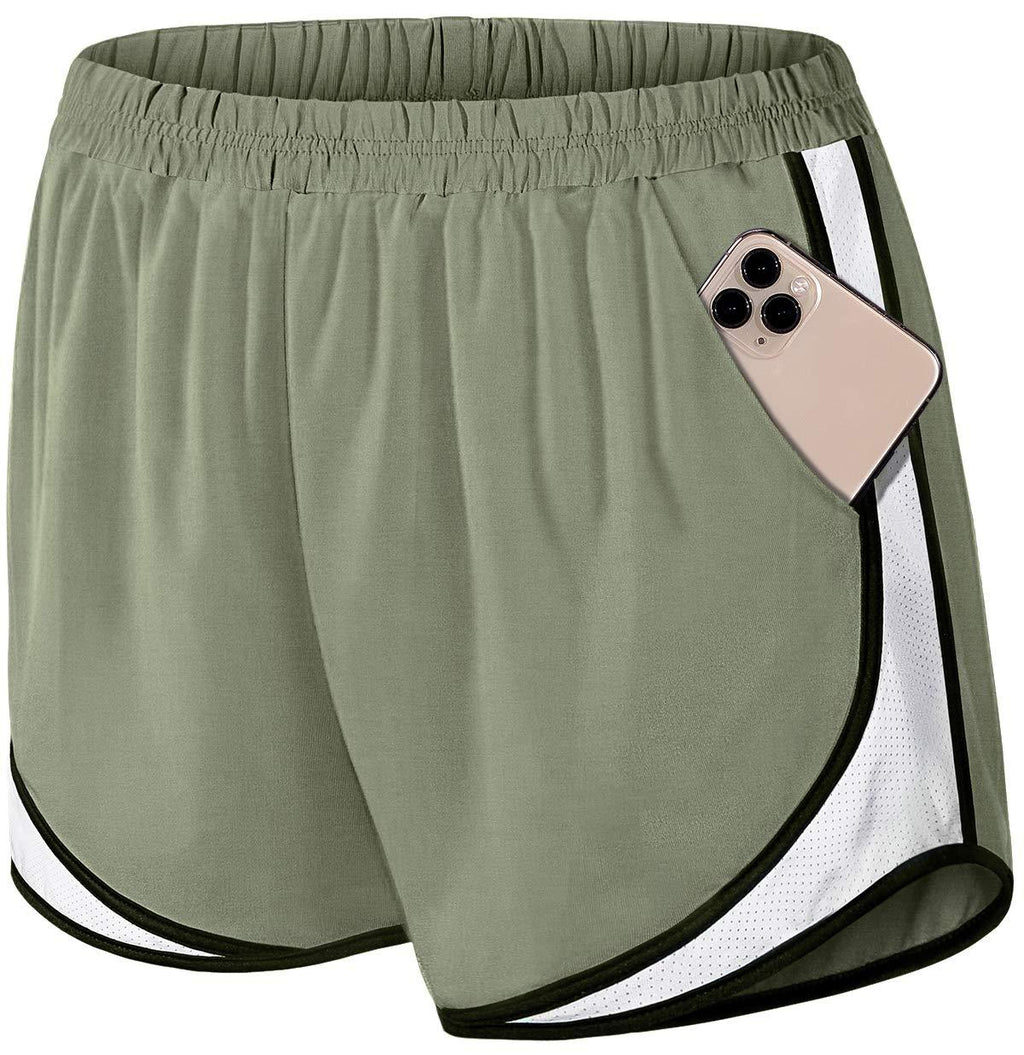 [AUSTRALIA] - Fulbelle Womens Double Layer Elastic Wasit Running Athletic Shorts with Pockets X-Large Green/White 