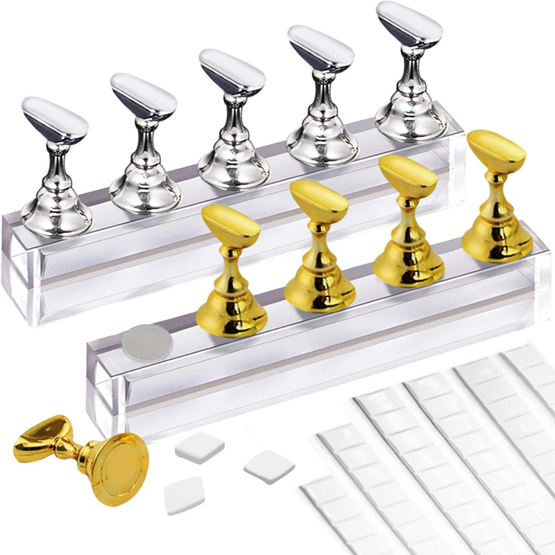 Kalolary 2 Set Acrylic Nail Art Holder Practice Display Stand with 102Pcs White Reusable Adhesive Putty, Magnetic Nail Art Tips Holders Training Fingernail DIY Display Stands(Gold and Silver) - BeesActive Australia