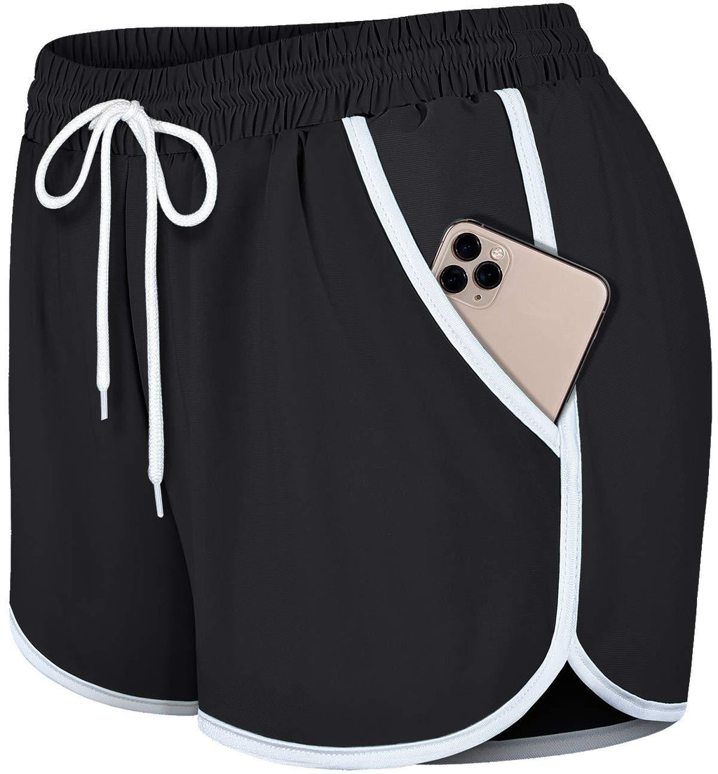 [AUSTRALIA] - Fulbelle Womens Double Layer Drawstring Elastic Waist Athletic Shorts with Pockets Black/White Medium 