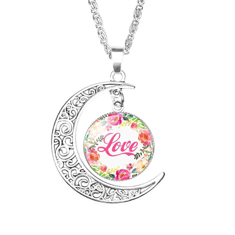 Moon Flower Pendant Necklace Vintage Leaf Crescent Chain Time Gemstone Glass Jewelry-Love Hope Dream Believe Faith for Women and Girls (Love) Love - BeesActive Australia