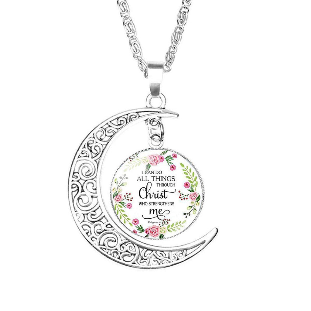 Moon Christian Verse Pendant Necklace Vintage Rose Flower Crescent Chain Time Gemstone Jewelry for Women and Girls (Style A) Style A - BeesActive Australia