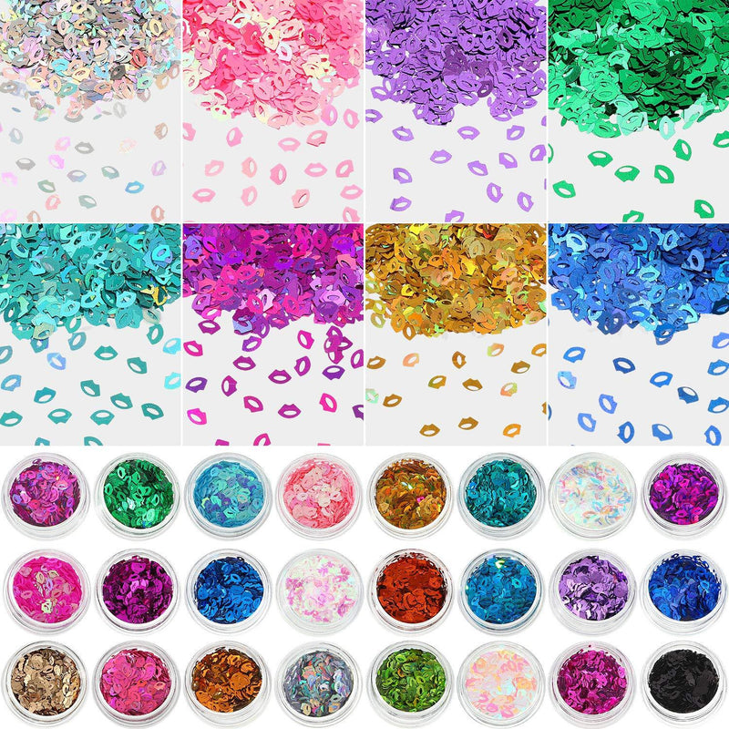 24 Boxes Valentine's Day Lips Shaped Glitter Nail Sequins 3D Nail Art Laser Flakes Makeup Nail Decorations with 24 Colors for Women Girls DIY Crafts Metallic and Holographic Color - BeesActive Australia