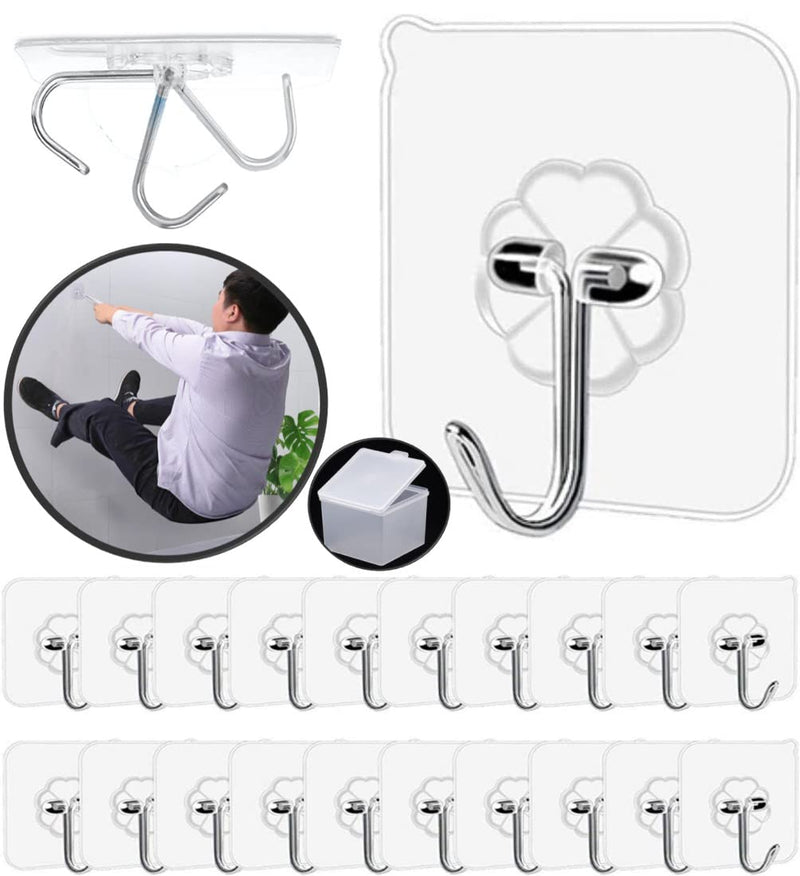 Adhesive Hooks, 20 Packs, 33lbs/15kg Premium Heavy Duty Wall Ceiling Hooks for Hanging, Damage Free, Clear Sticky Hanger for Kitchen, Bathroom Shower Outdoor Use. - BeesActive Australia