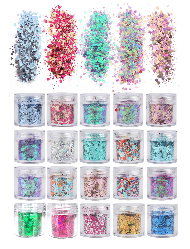 20 Colors/Boxes Holographic Cosmetic Festival Chunky Glitters Sequins, Nail Sequins Iridescent Flakes, Cosmetic Paillette Ultra-Thin Tips, for Body Face Hair Make Up Nail Art Mixed Color Glitter - BeesActive Australia