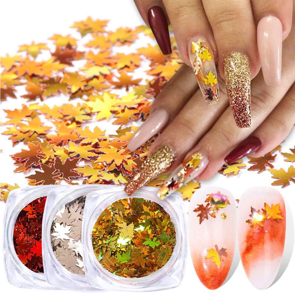 Maple Leaves Glitter Fall Nail Art Sequins Glitter Kits Fall Nail Art Decals Nail Supplies Holographic Nail Accessories Decorations Nail for Women Girls Colored Acrylic Fall Maple Leaf 3 Box - BeesActive Australia