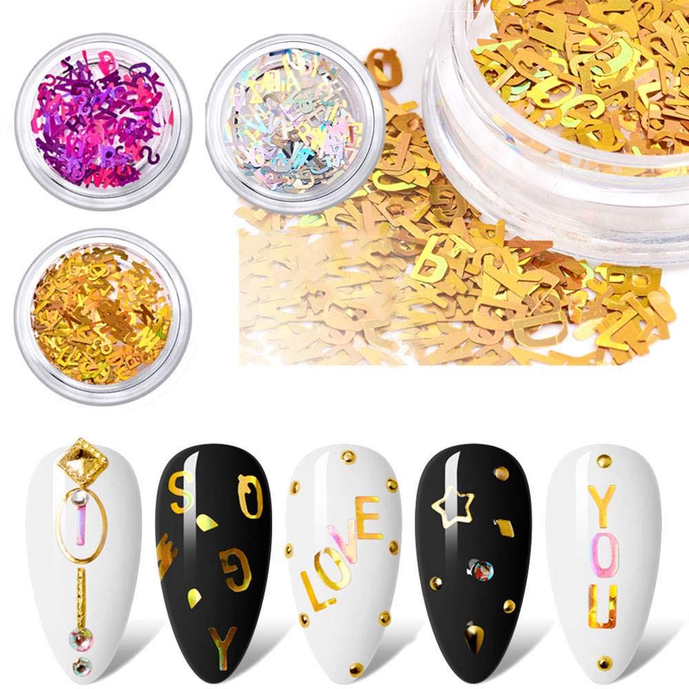 Holographic Letter Nail Art Sequins Glitter Kits Letter Nail Art Decals Supplies Holographic Nail Glitter for Nail Accessories Decorations Colored Acrylic Nail Powder 26 Letters 3 Box /Set - BeesActive Australia