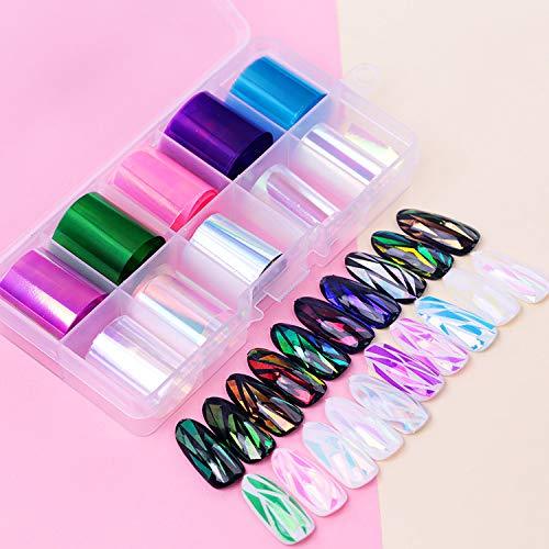 Valuu 10 Colors Gradient Aurora Glass Paper Nail Sticker Shinning Reflective Mirror Design Broken Glass Stripe Line Paper Nail Decals 3D Broken Glass Pieces Mirror Foils Nail Art Decoration - BeesActive Australia