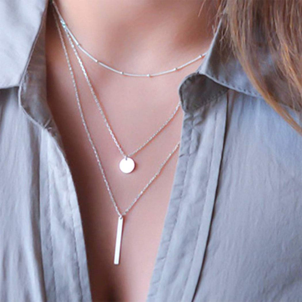 Bomine Layered Bar Necklace Chain Disc Pendant Necklaces Bead Chains Jewelry for Women and Girls (Silver) Silver - BeesActive Australia