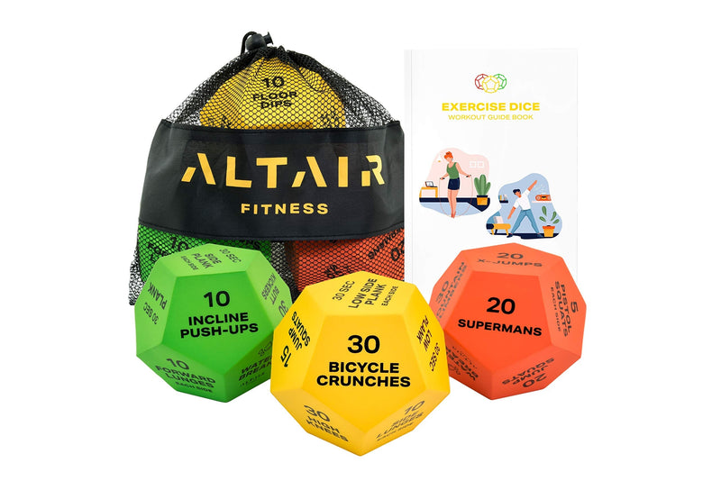 Altair Exercise Dice - Full Body HIIT Workout - Perfect for Home Gym Bodyweight Workout, Strength Training & Cardio, Three 12-Sided Workout Dice, Illustrations & Mesh Bag - BeesActive Australia