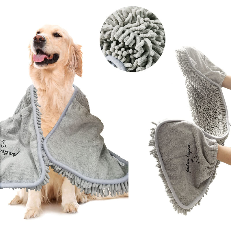 Patas Lague Luxury Absorbent Dog Towel, 35x15 Extra Large Microfiber Quick Drying Dog Shammy with Hand Pockets Pet Towel for Dog and Cat, Machine Washable 1 PCS Grey - BeesActive Australia