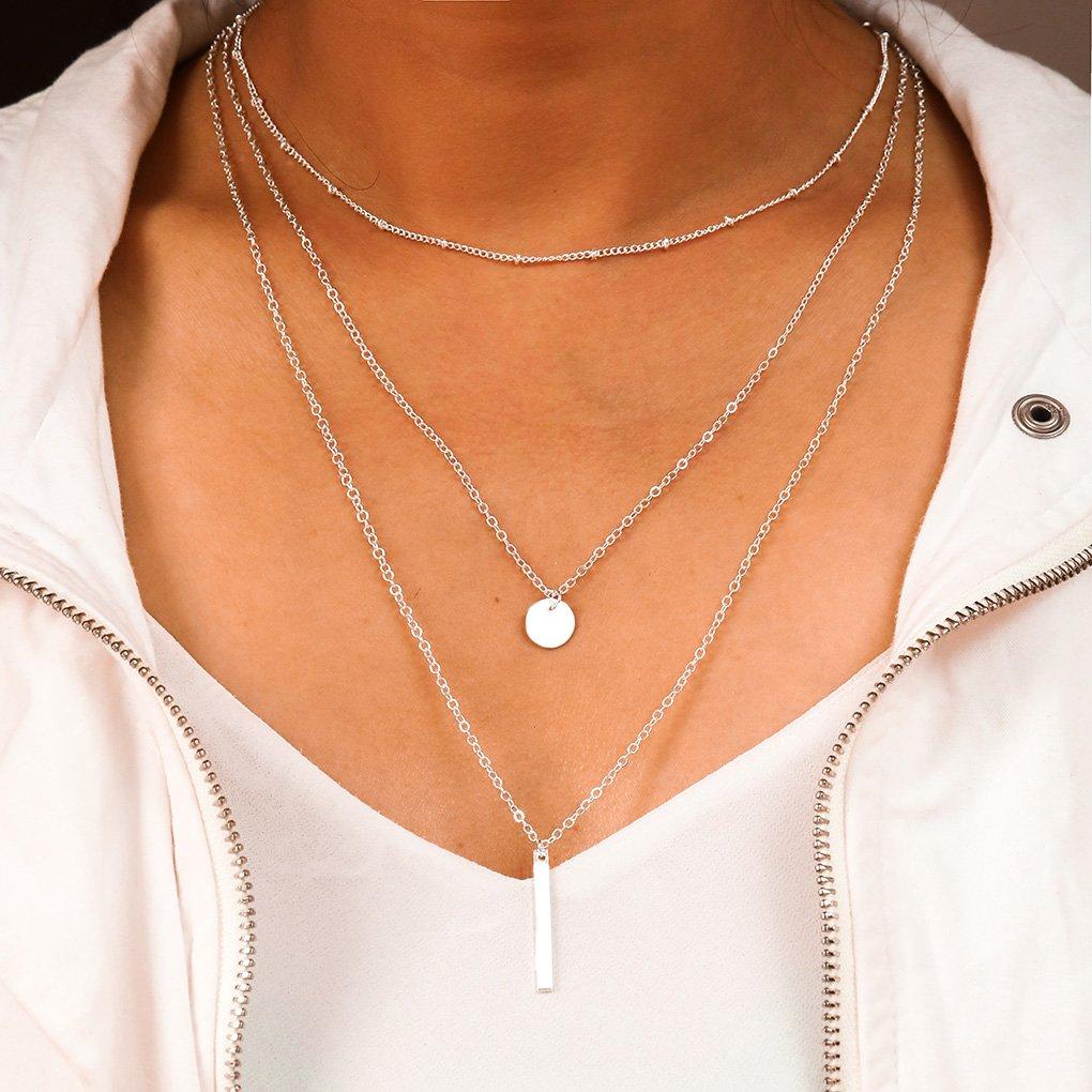 Obmyec Sequin Bar Necklaces Silver Beaded Choker Pendant Layered Neck Link Chain Long Sequins Necklace Chain Dainty Adjustable Necklace Jewelry for Women and Girls - BeesActive Australia