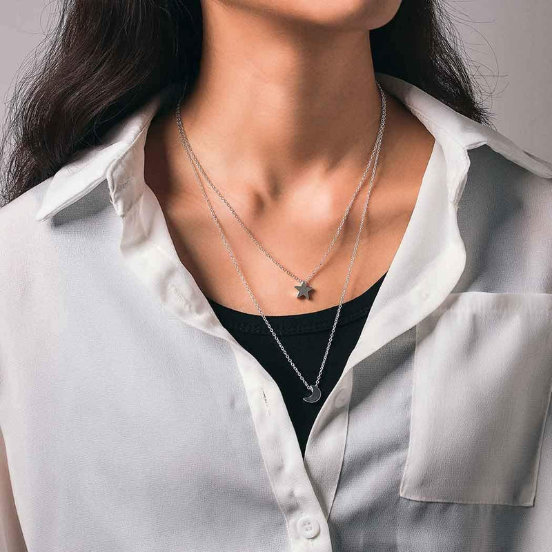 Aetorgc Classy Layered Necklace Chain Star Pendant Necklaces Moon Necklace Jewelry for Women and Girls (Silver) Silver - BeesActive Australia