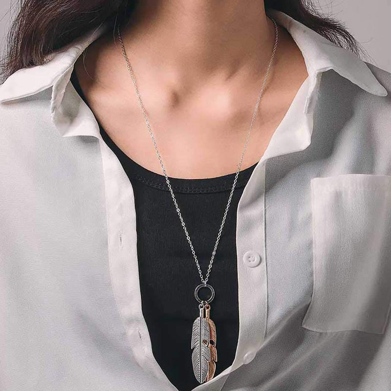 Aetorgc Boho Long Necklace Chain Feather and Circle Pendant Necklaces Jewelry for Women and Girls (Silver) Silver - BeesActive Australia