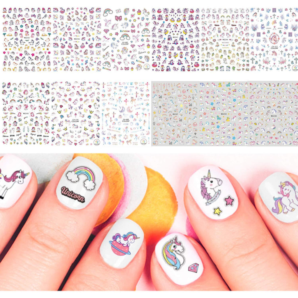 Adurself 12 Sheets Unicorn Nail Stickers 3D Nail Self-Adhesive Decals Fingernail Decorations for Women Girls Kids DIY Nail Design Manicure Unicorn Gift Birthday Party Gift Favors - BeesActive Australia