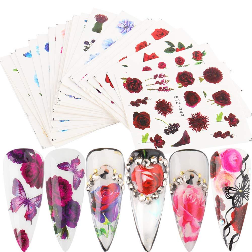 Butterfly Nail Art Sticker Decals Nails Supply Butterfly Flower Design 24 Sheets Retro Roses Flowers Water transfer Stickers for Women Fingernails Manicure Nail Art Decoration 24pcs Rose - BeesActive Australia