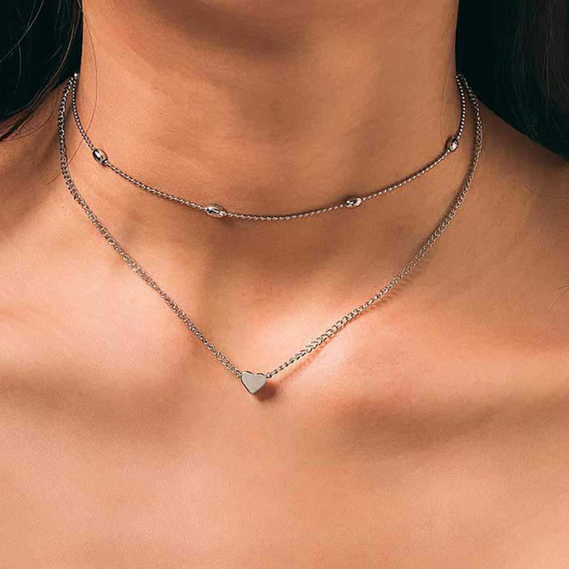 Aetorgc Simple Layered Necklace Chain Love Pendant Necklaces Jewelry for Women and Girls (Silver) Silver - BeesActive Australia