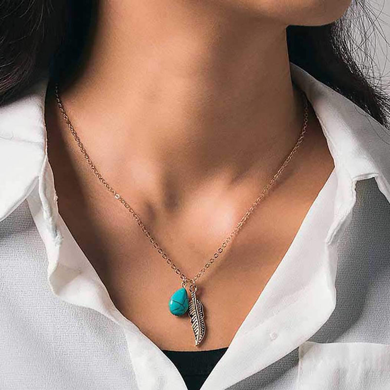 Chicque Bohemian Turquoise Necklace Long Leaf Necklace Chain Pendant Necklaces Jewelry for Women and Girls (Gold) Gold - BeesActive Australia