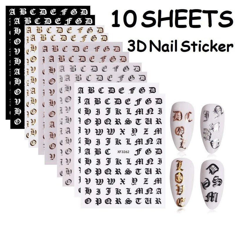 3D Letter Nail Art Sticker,10 Sheets Alphabet Nail Decals Old English Laser Words Character Nail Adhesive Sticker Nail Decoration DIY - BeesActive Australia