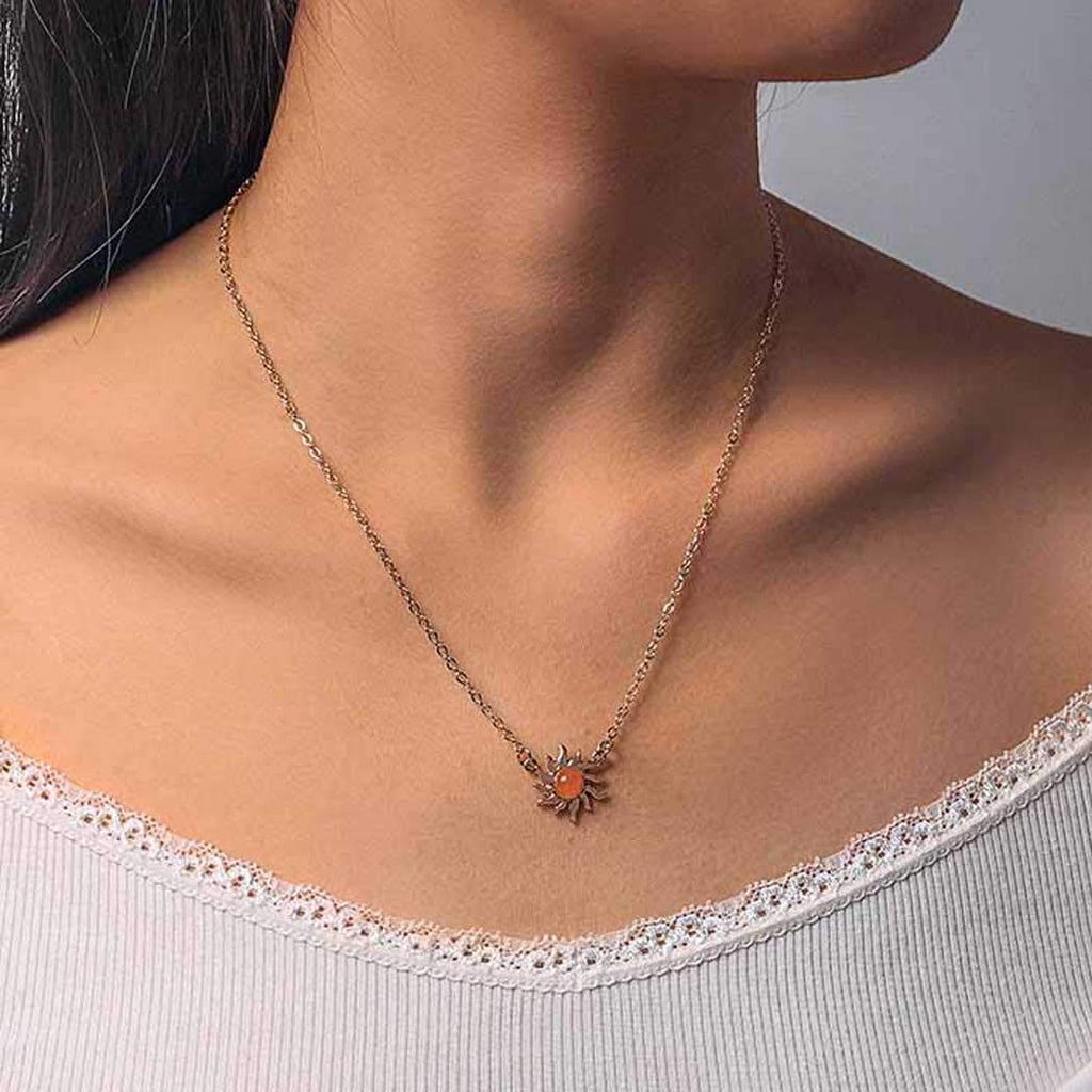 Chicque Dainty Sun Necklace Gold Long Chain Necklace Red Opal Necklaces Sunflowers Pendant Necklace Jewelry for Women and Girls - BeesActive Australia