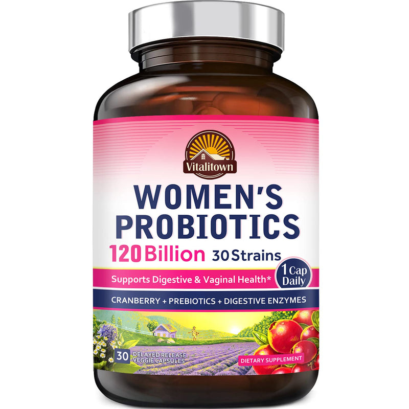 Vitalitown Women’s Probiotics 120 Billion CFUs 1 Daily | 30 Strains, with Prebiotics & Digestive Enzymes & Cranberry | Shelf Stable | Gut & Vaginal Health | Vegan Non-GMO | 30 Delayed Release Veg Caps 30 Count (Pack of 1) - BeesActive Australia