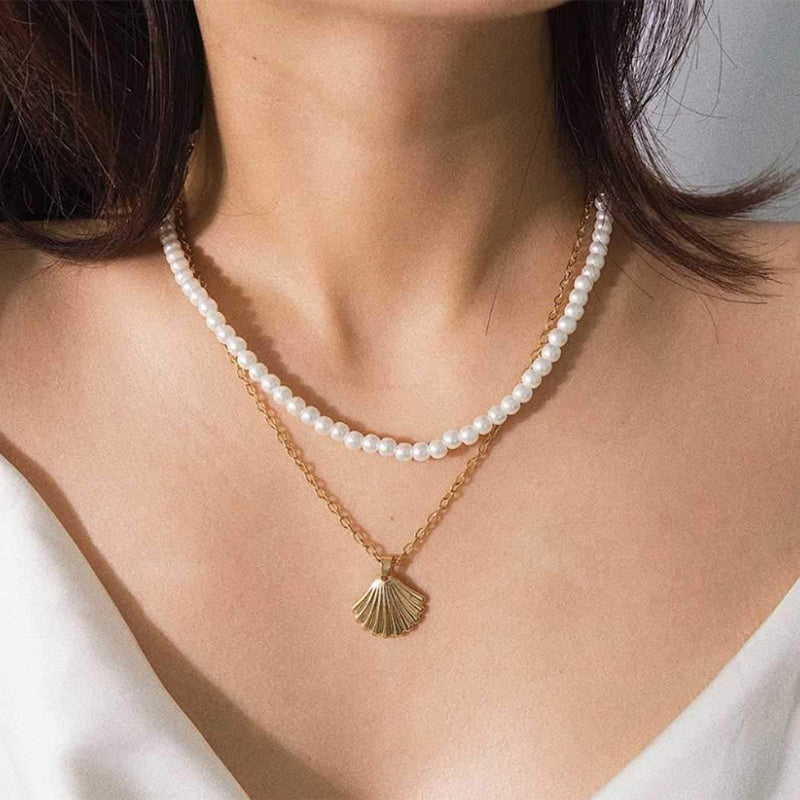 Funyrich Boho Layered Pearl Necklaces Chain Shell Pendant Necklace Chain Necklaces Jewelry for Women and Girls (Silver) Silver - BeesActive Australia