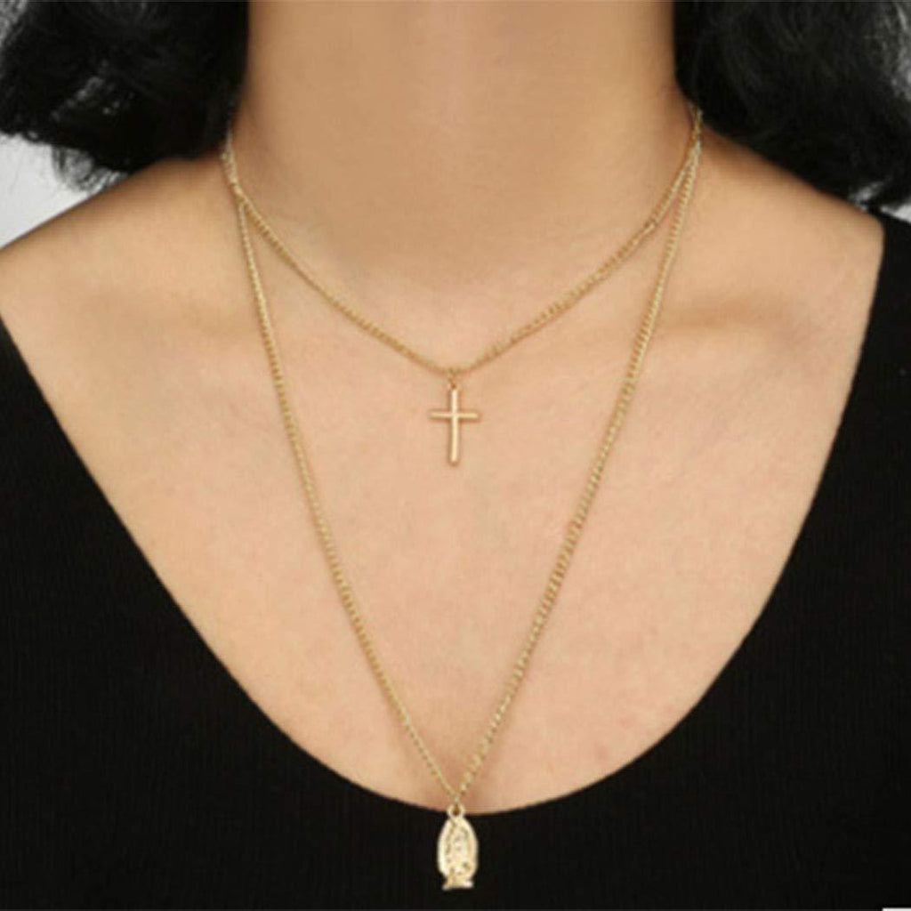 Funyrich Boho Layered Jesus Necklaces Chain Cross Pendant Chain Necklace Jewelry for Women and Girls (Silver) Silver - BeesActive Australia