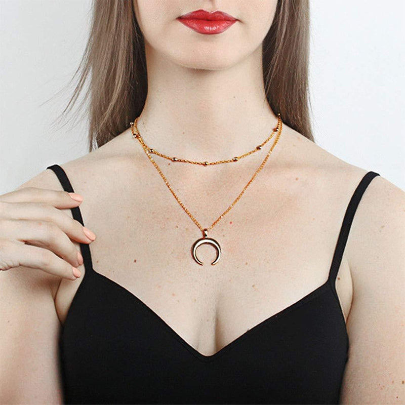 Funyrich Boho Layered Moon Necklaces Chain Horns Necklace Pendant Chain Beads Necklaces Jewelry for Women and Girls (Gold) Gold - BeesActive Australia