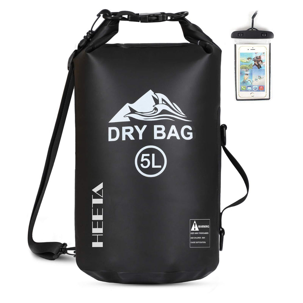 HEETA Waterproof Dry Bag for Women Men, 5L/ 10L/ 20L Roll Top Lightweight Dry Storage Bag Backpack with Phone Case for Travel, Swimming, Boating, Kayaking, Camping and Beach Black - BeesActive Australia