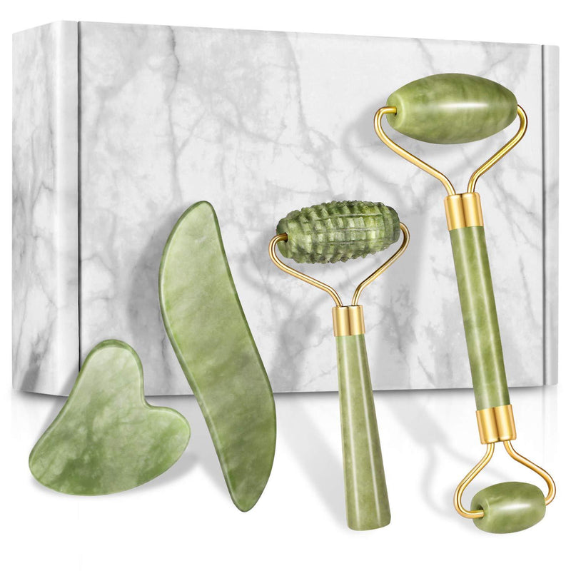 4-pcs Jade Roller & Gua Sha Set, Facial Roller Massager with Gua Sha Scraping Tool, Jade Stone Massager for Anti-aging, Slimming & Firming, Rejuvenate Face and Neck, Remove Wrinkles & Eye Puffiness - BeesActive Australia