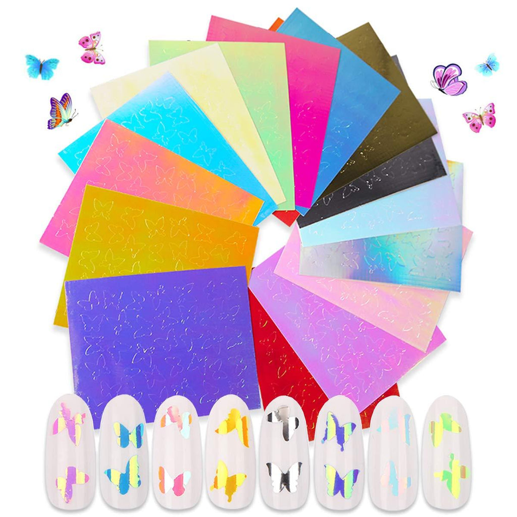 Butterfly Nail Sticker, FITDON 16pcs Holographic Butterfly Nail Art Decals 3D Vinyls Nail Stencil for Nails Manicure Tape Adhesive Foils DIY Decoration - BeesActive Australia