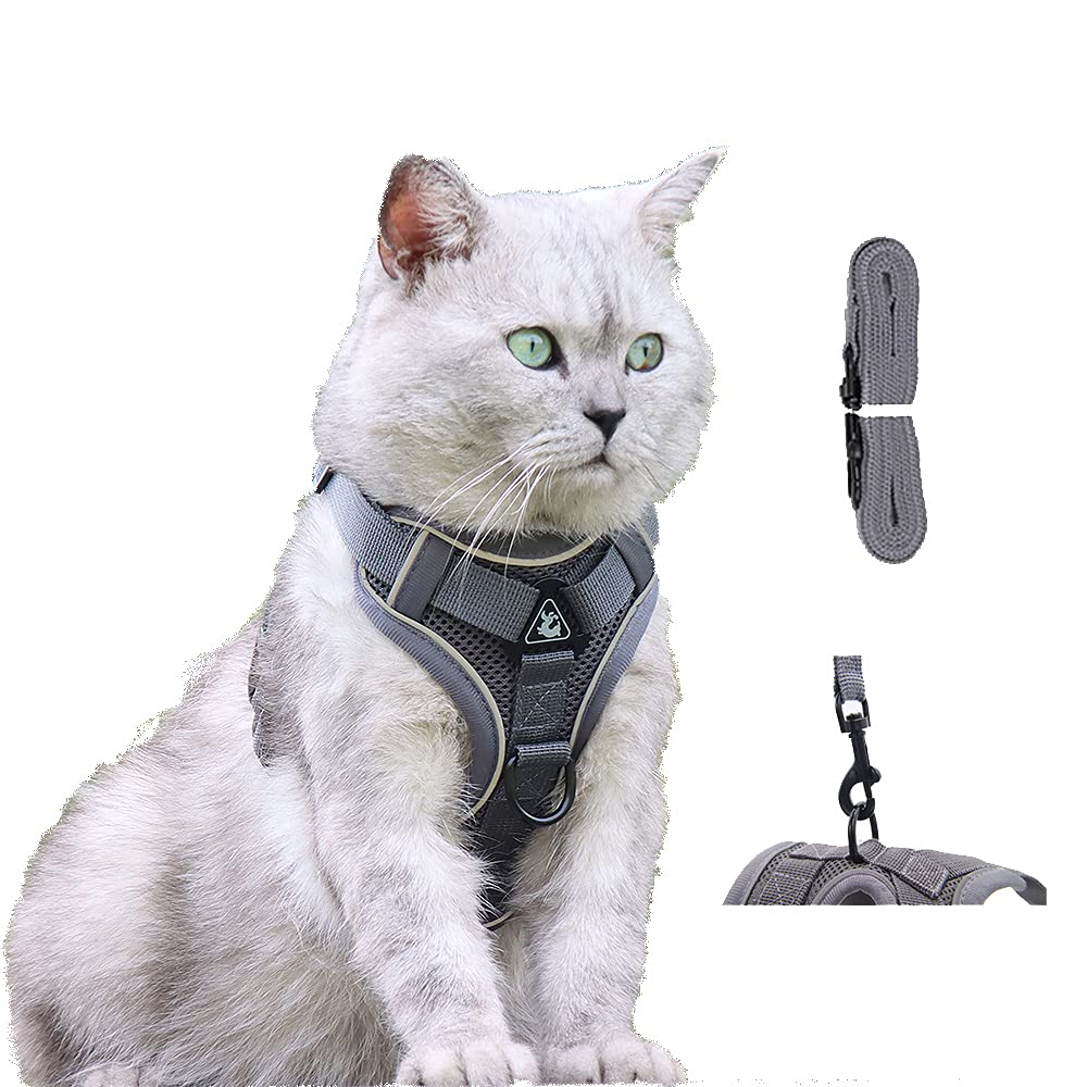 Amogato Cat Harness and Leash Set-Outdoor Walking Escape Safety Cat Vest, Adjustable Soft Kitty Vest, with Cat Reflective Strip Grey Medium - BeesActive Australia