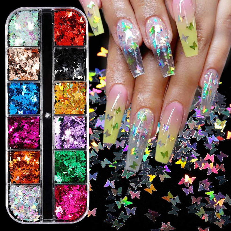 Holographic Butterfly Glitter Nail Art Sequins Iridescent Flakes Glitter Case 3D Laser Stickers Colorful Thin Confetti Manicure Supplies Decals Decoration Glitter Supplies Make Up DIY Decals Decoratio - BeesActive Australia