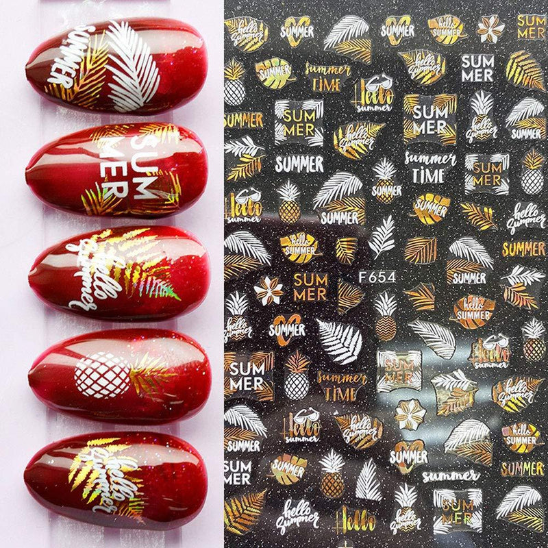 Bonnie-Sam 3D Gold Nail Art Decals Self Adhesive Galaxy Sticker Summer Leaves Metallic Manicure 10 Sheets(A) A - BeesActive Australia