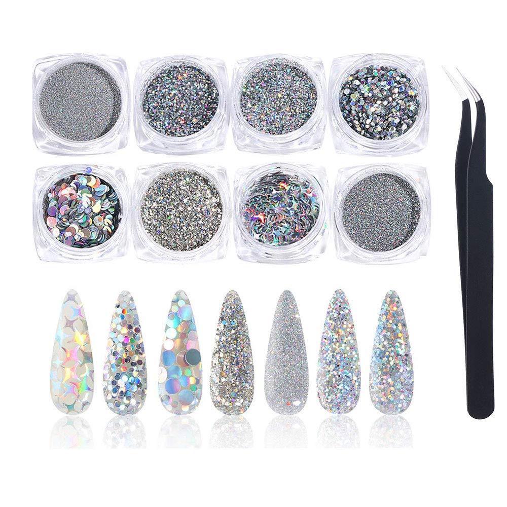 Luomi 8 Boxes Holographic Nail Art Sequins Glitter Kits, Nail Art Sequins Powder Metallic Shining Flakes Silver Nail Set for Nails Manicure Art Craft Decoration… - BeesActive Australia