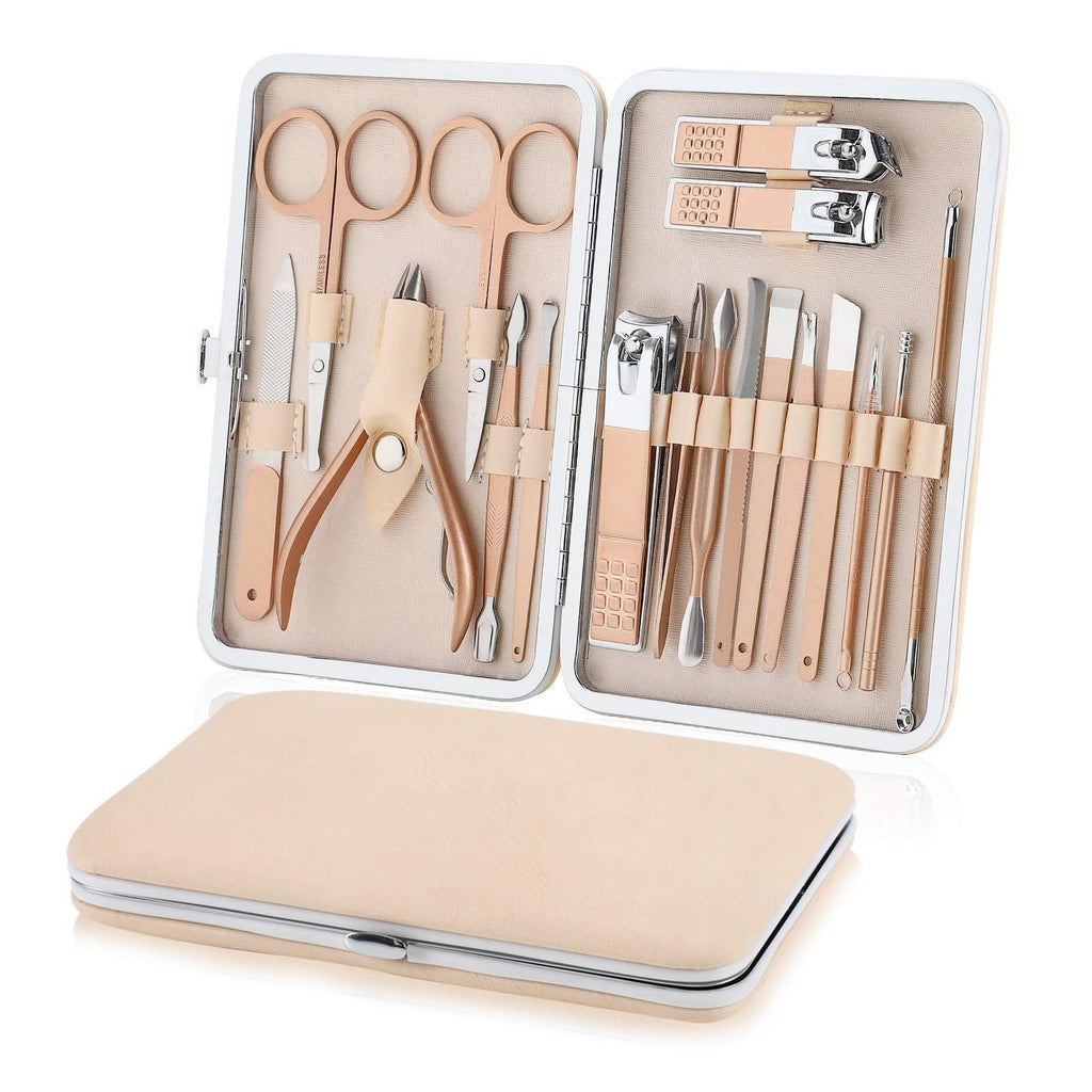 Manicure Set Nail Clippers Pedicure Kit, Professional Rose Gold Stainless Steel Personal Grooming Kit, 18 in 1 Nail Care Tools with Luxurious Leather Travel Case for men and women - BeesActive Australia