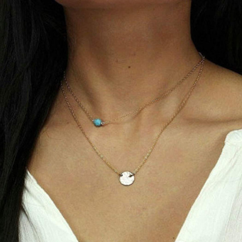 Ronglia Boho Layered Turquoise Choker Necklace Gold Disc Pendant Necklaces Sequins Chain Jewelry Adjustable for Women and Girls - BeesActive Australia