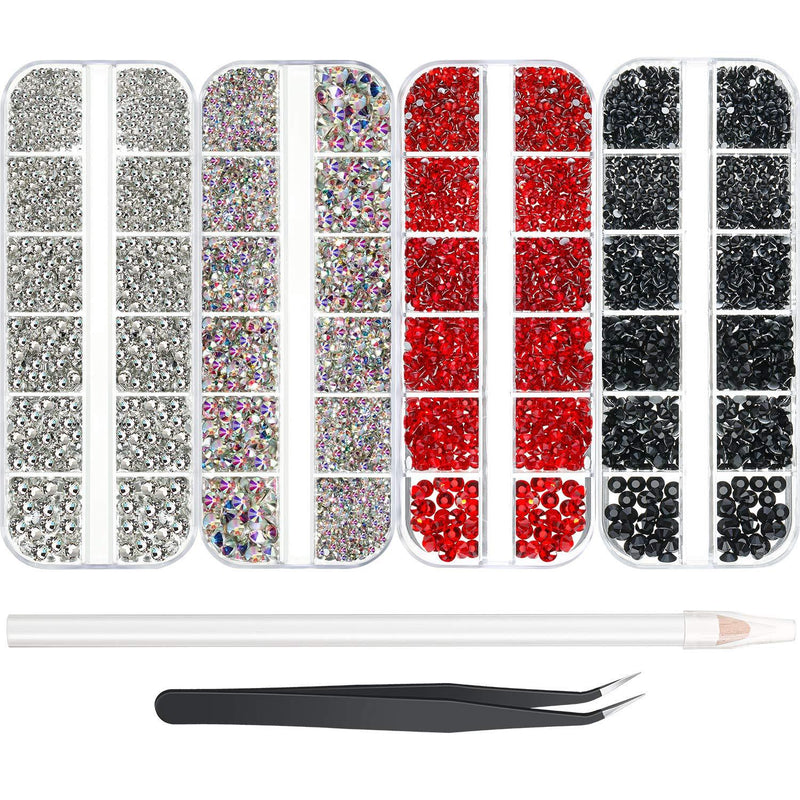 8000 Pieces 6 Sizes Nail Art Rhinestones Crystal Flatback Round Glass Gems with Rhinestone Picker and Tweezers for Nails Clothes Shoes Bags Decoration (AB Color, Clear, Red, Black) - BeesActive Australia