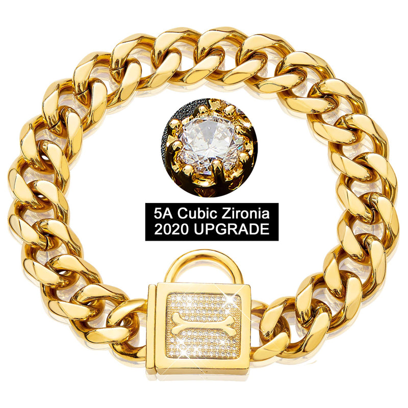 PRADOG Gold Chain Dog Collar Bling Cuban Link Dog Collars with Zirconia Buckle 19mm 18k Gold Silver Dog Chain Necklace Puppy Collar(12 to 26in) 24" ( Fits Neck 22" to 23.5") - BeesActive Australia