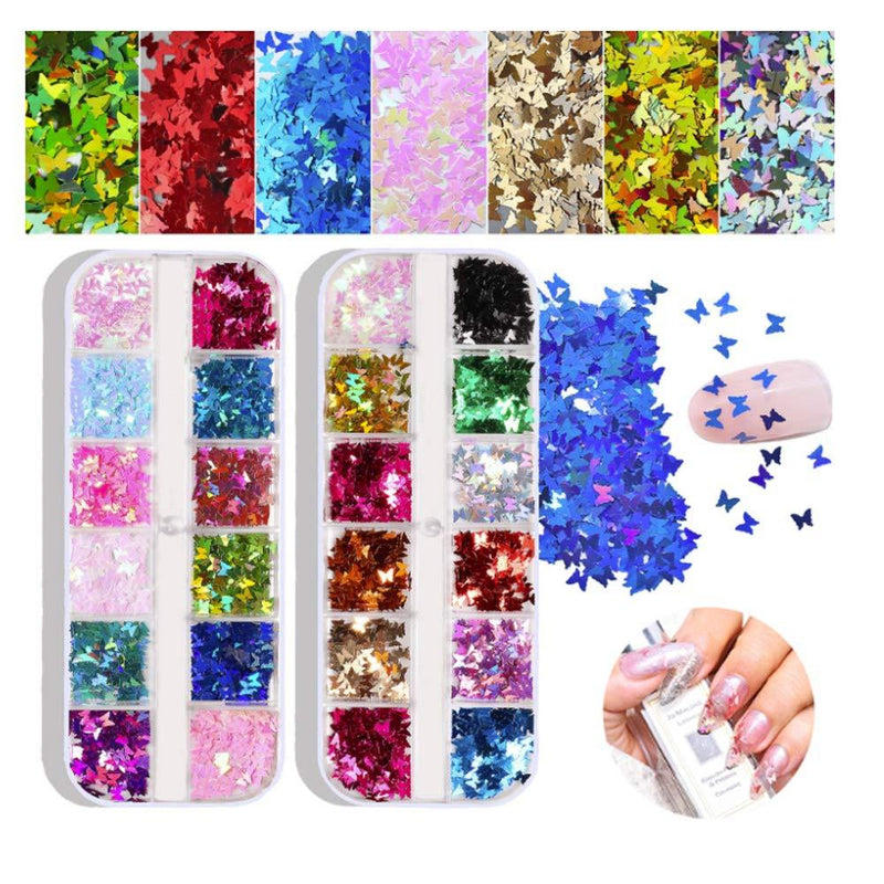 Zoweys 24 Color 3D Butterfly Nail Art Glitter Sequins,Laser Nail Art Flake Acrylic Paillettes,Holographic Nail Sparkle Glitter for Nail Art Decoration（2 Boxes） - BeesActive Australia