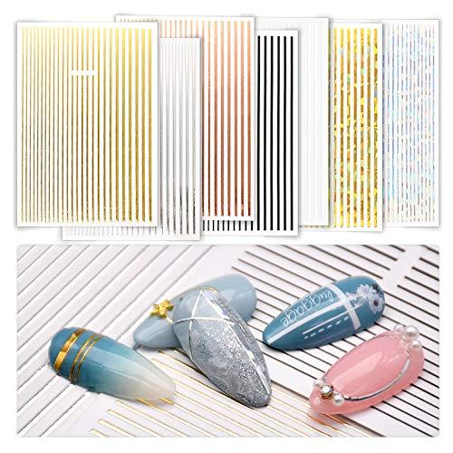 7 Sheets Nail Sticker Metallic Line Holographic Iridescent Set Gold Glitter Zebra 3D Strips Nail Decals Kit for Women - BeesActive Australia