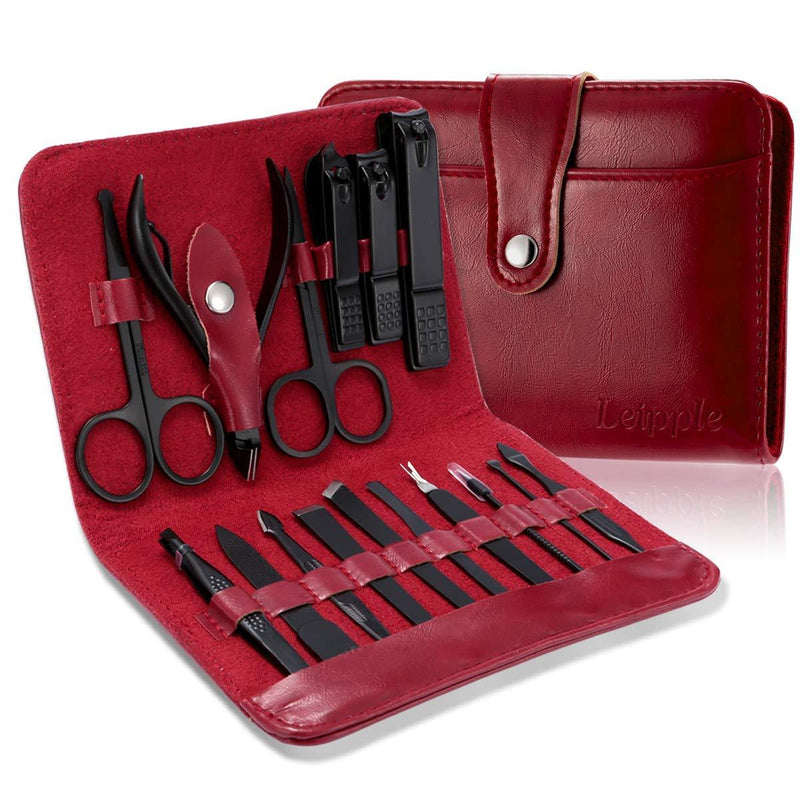 Leipple Manicure Set Professional Nail Clipper Kit Pedicure Kit - 16 pcs Stainless Steel Grooming Kit - Nail Care Tools with Luxurious Leather Travel Case (Red) Red - BeesActive Australia