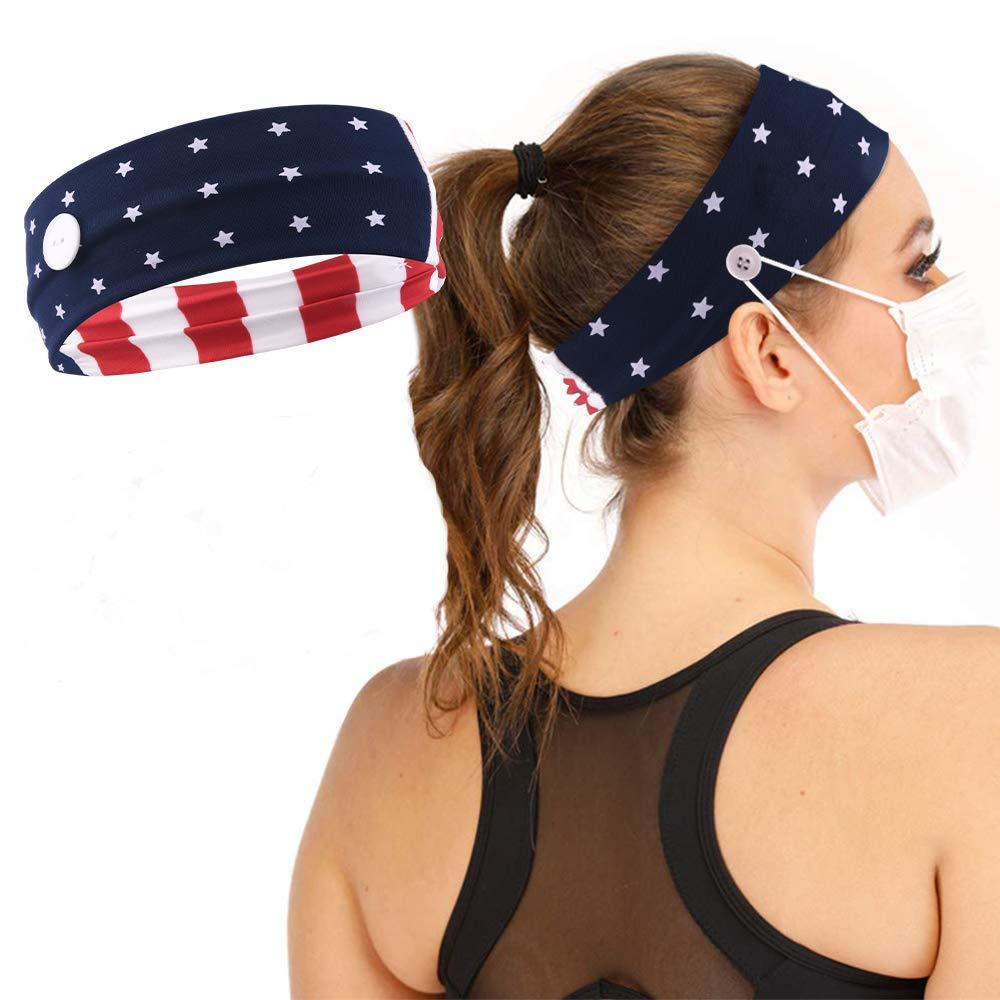 Brishow Button American Flag Headbands Non Slip Turban Head Wrap Fabric Hairband Elastic Healthcare Ear Protection Sweatband Fashion Headbands for Women and Girls - BeesActive Australia