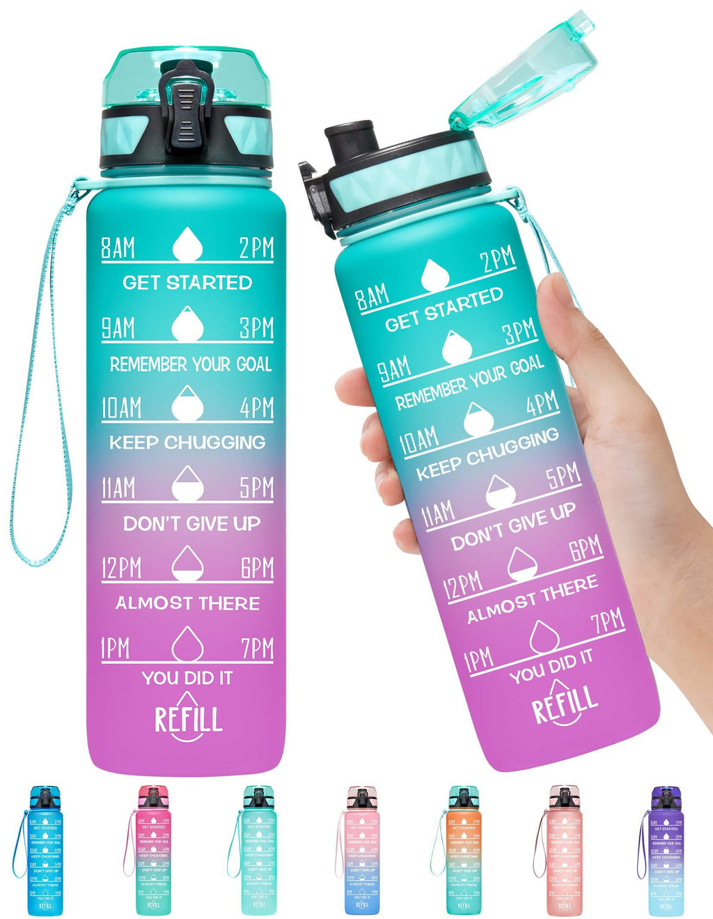 Elvira 32oz Motivational Fitness Sports Water Bottle with Time Marker & Removable Strainer,Fast Flow,Flip Top Leakproof Durable BPA Free Non-Toxic B01-Green/Purple Gradient - BeesActive Australia