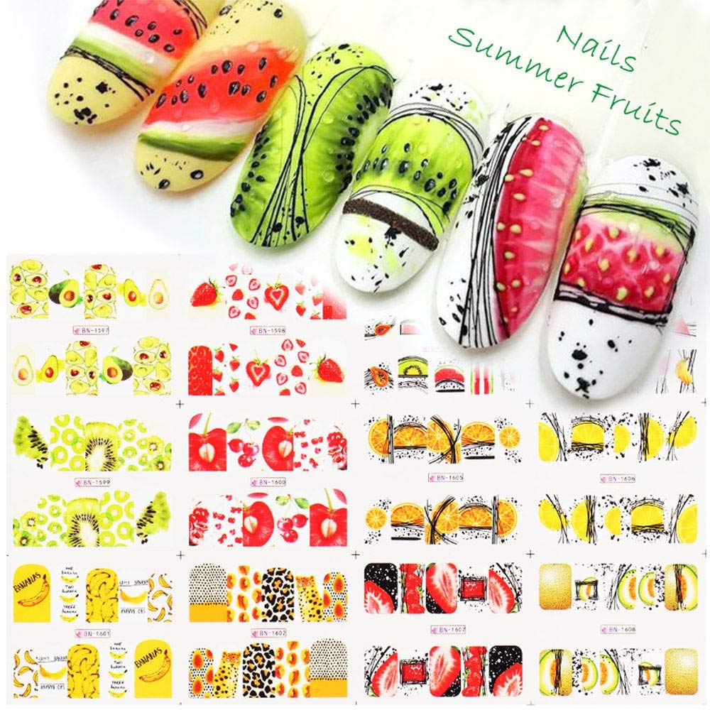 Nail Art Stickers Decals Nail Art Supplies Nail Stickers for Women Girls Nail Stickers Summer Kiwi/Avocado/Lemon/Banana Fruits for Nail Design Manicure Water Sliders Nail Decals Set 12 Sheets - BeesActive Australia