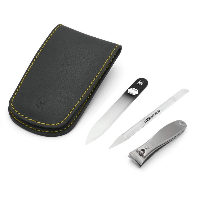 GERMANIKURE 3pc Travel Manicure Set -FINOX Stainless steel tools handmade in Solingen Germany: Fingernail Clipper, Toenail Clipper, Glass Cuticle Remover and File in Leather Case - BeesActive Australia