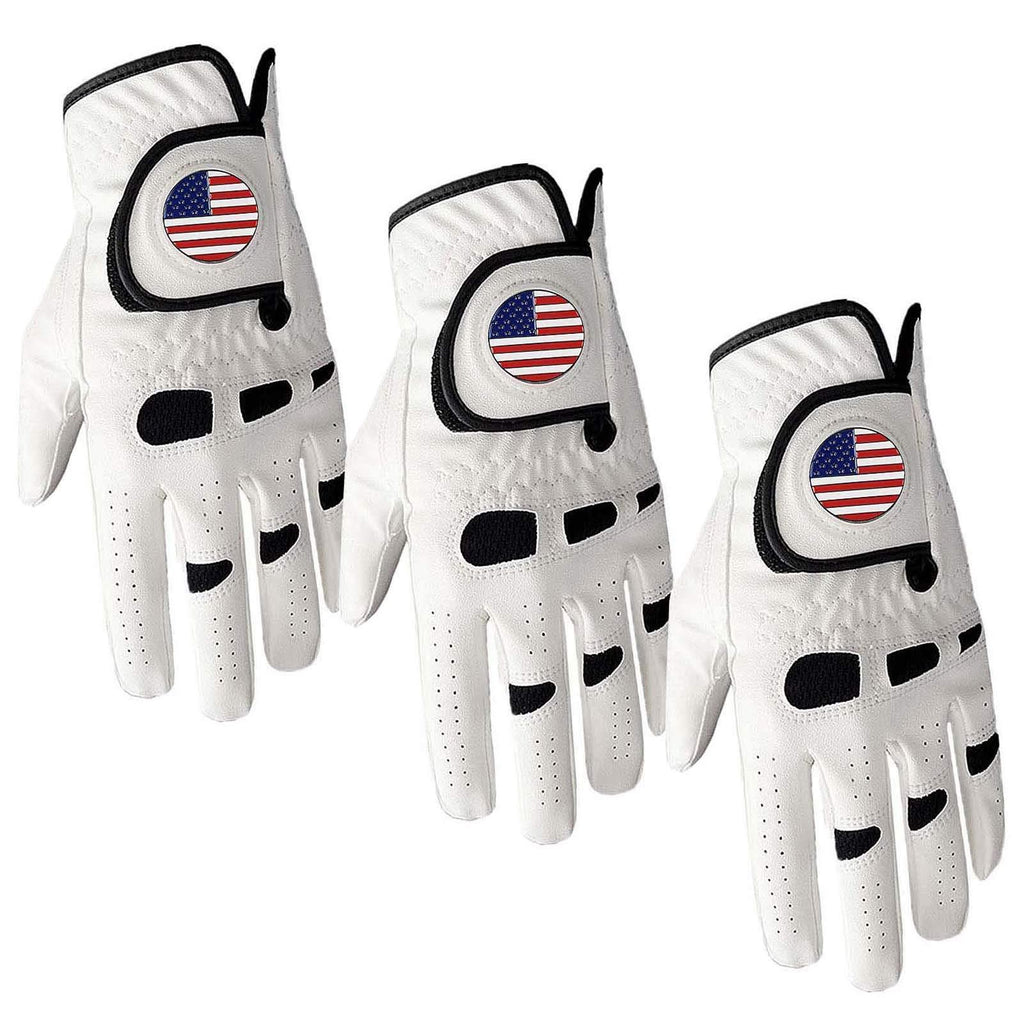 Golf Gloves Men Left Hand Right with Ball Marker USA Flag Value Pack,Soft Leather Weathersof Grip Soft Mens Glove Size S M ML L XL Cadet Small-Worn on Left Hand 3 Pack with USA Flag Ball Marker - BeesActive Australia